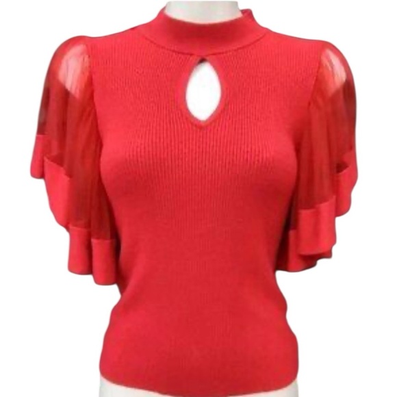 7 Avenue High Neck With Sheer Flutter Sleeve & Key Hole Neck Holiday Christmas - Picture 1 of 11